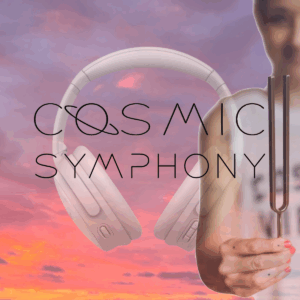 White headphones on a cosmic background with "COSMIC SYMPHONY" text, representing a personalized online sound bath based on your birth chart.
