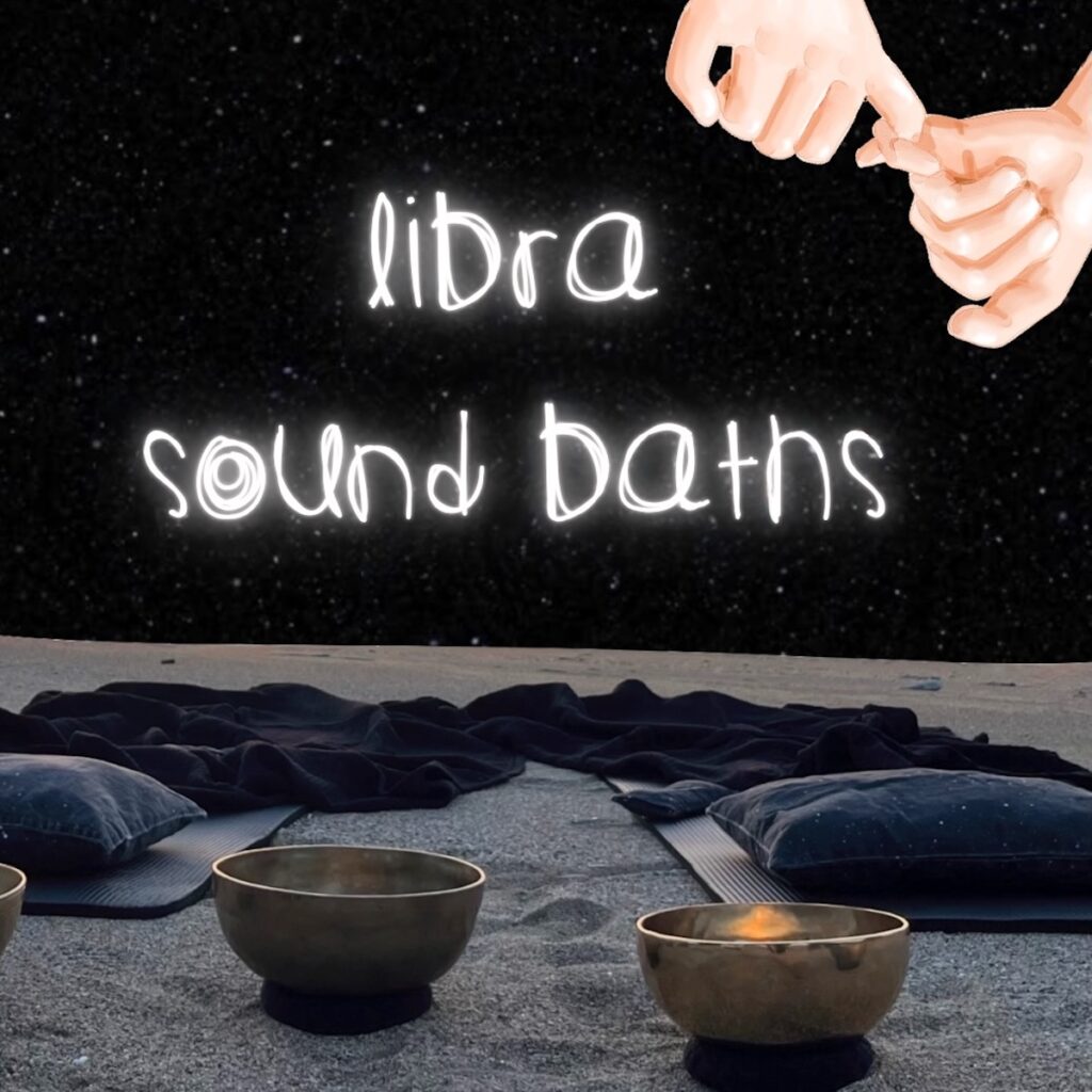 Libra Sound Bath cover image. Two watercolor hands softly touching above Tibetan bowls on sand under a starry sky, representing balance, harmony and air element meditation.