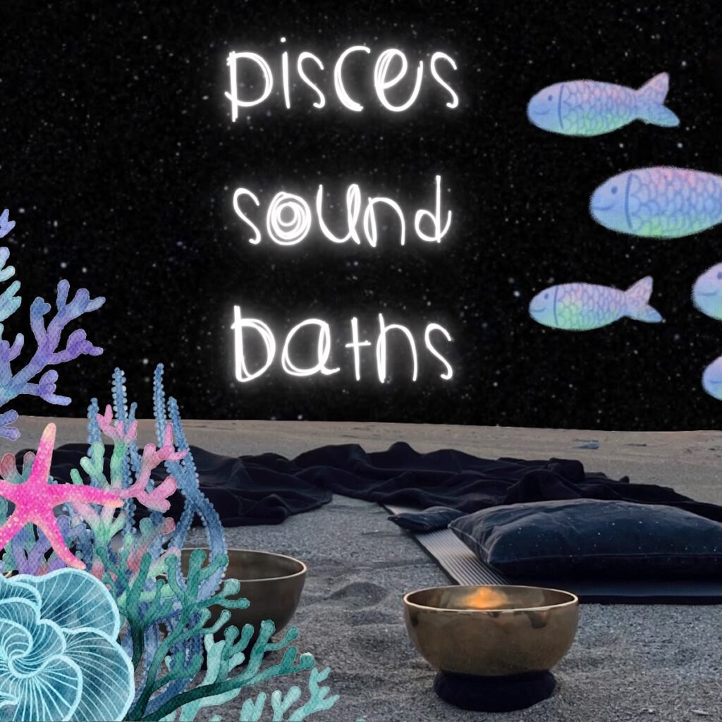 Pisces Sound Bath cover image. Watercolor coral reef, seashells and swimming fish above Tibetan bowls on sand under a starry night sky, representing intuition, dreams and water element meditation.