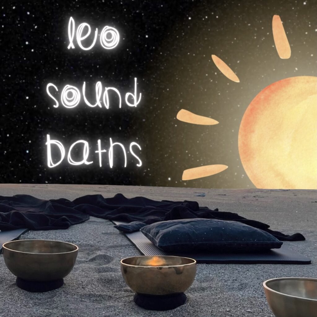Leo Sound Baths cover image I Tibetan bowls on sand beneath a radiant sun illustration, symbolizing creativity, courage and joyful inner child energy.