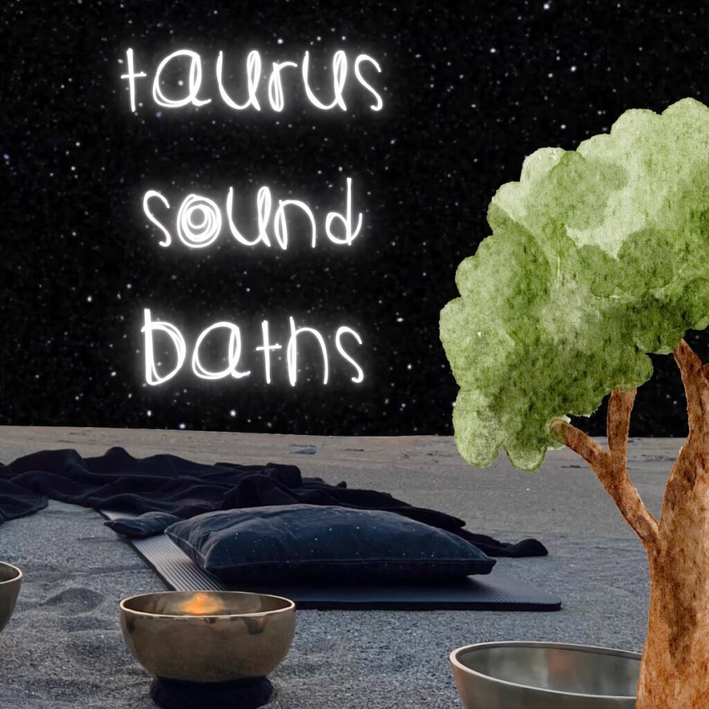 Taurus Sound Baths illustration with singing bowls and a tree under the night sky. Astrology-based Sound Healing for grounding and calm.