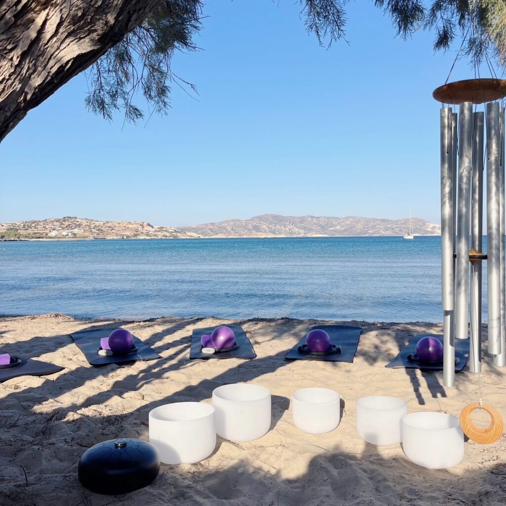 Pilates & Sound Healing setup on the beach in Kimolos, Greece